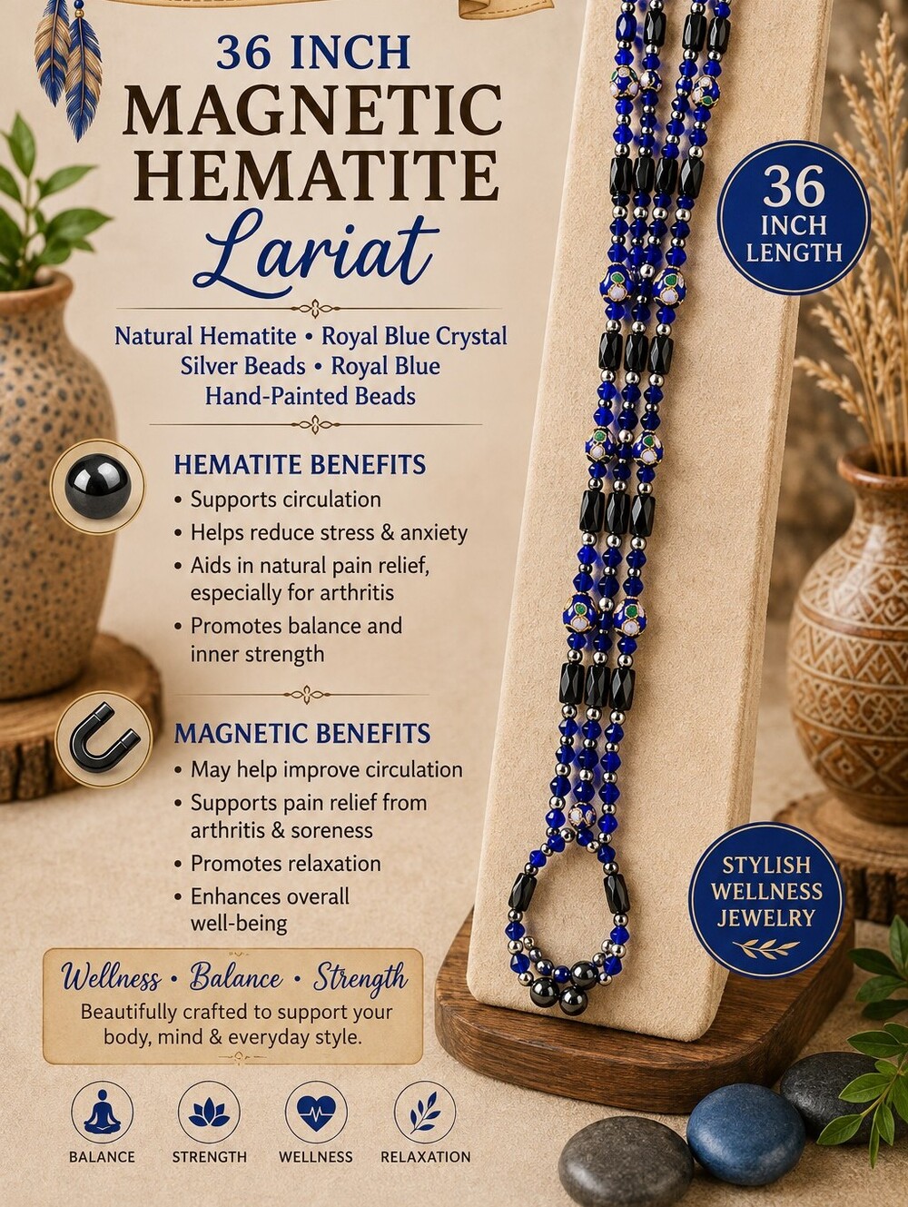 Magnetic Hematite Lariat Necklace in Royal Blue